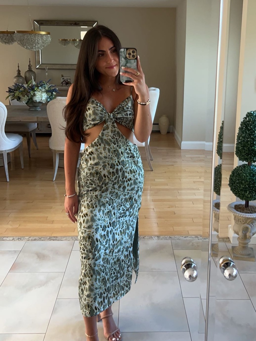 Satin Leopard Print Cutout Midi Dress - Sage Green